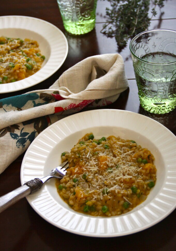 butternut squash risotto with parmesan and peas