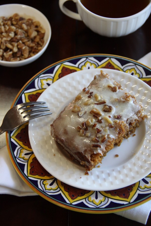 pumpkin cake squares with orange nut frosting