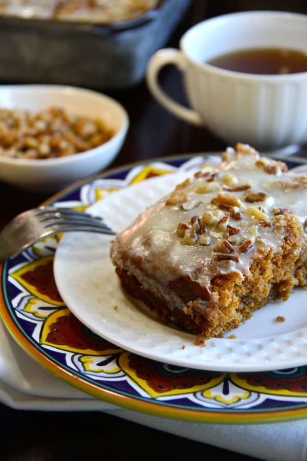 pumpkin cake squares with orange nut frosting