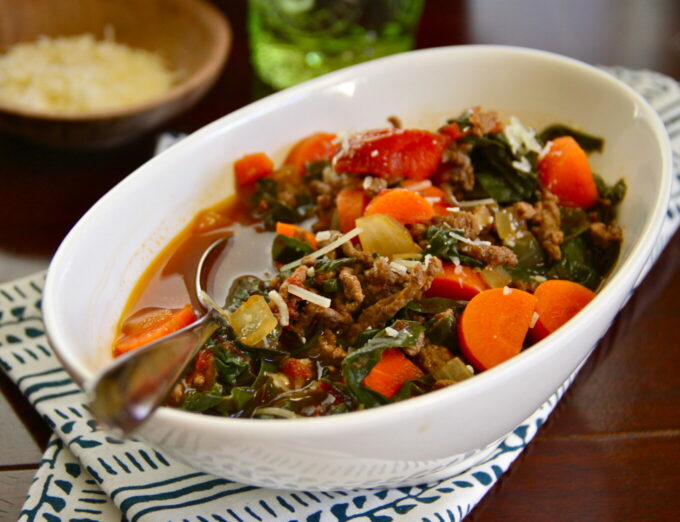  hamburger soup with rainbow chard and cheddar cheese