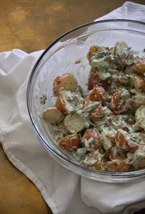 lemon herbed potato salad with crispy bacon