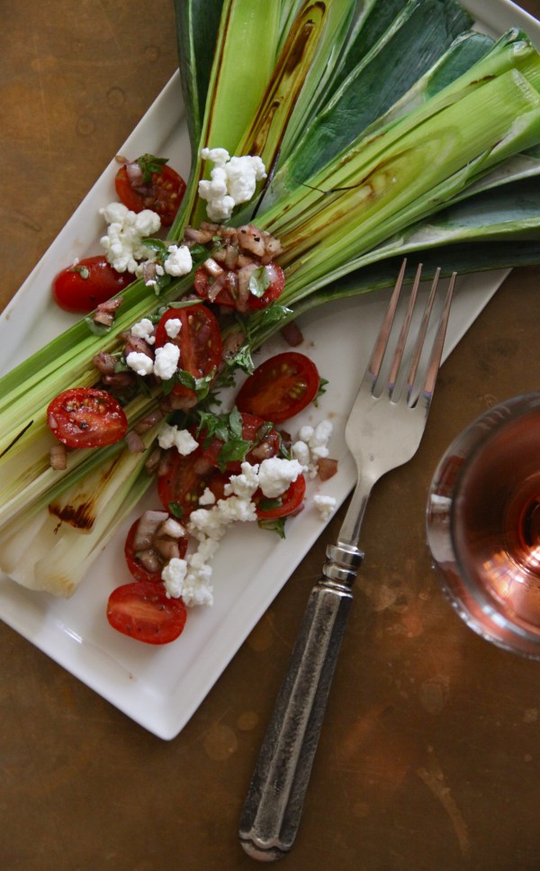 grilled leeks with garden tomatoes and fresh basil www.climbinggriermountain.com