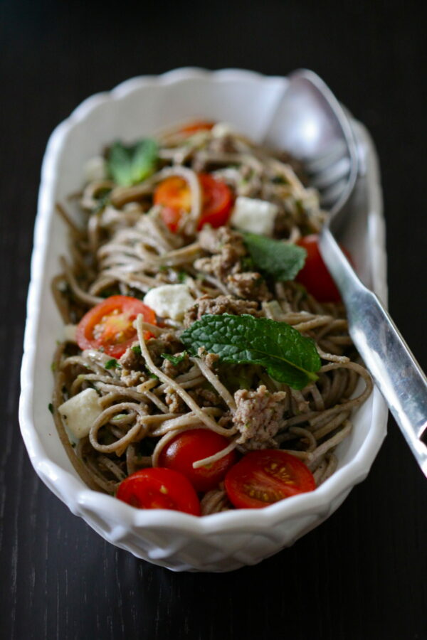 soba noodles with ground lamb and mint pesto  www.climbinggriermountain.com