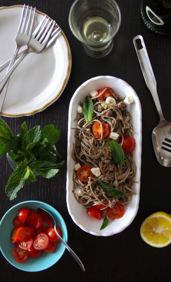 soba noodles with ground lamb and mint pesto www.climbinggriermountain.com