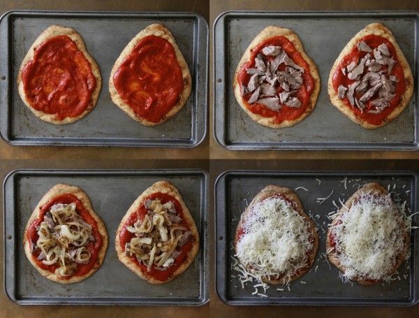 pot roast naan pizza with caramelized onions and fontina cheese