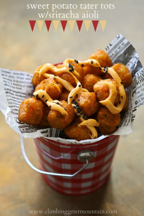 sweet potato tater tots with sriracha aioli www.climbinggriermountain.com