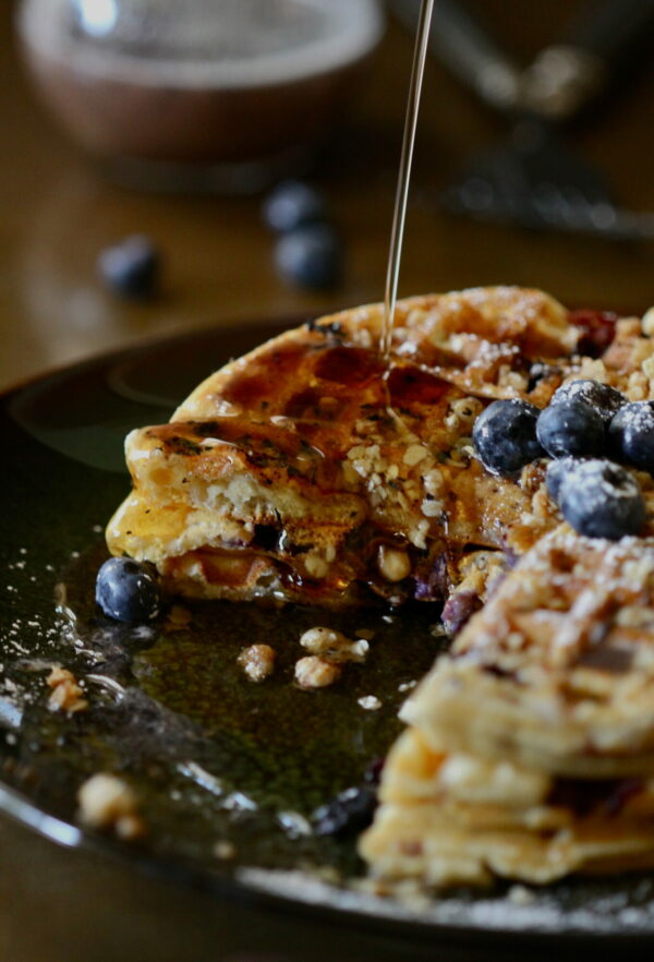 blueberry waffles with brown sugar streusel and blueberry syrup www.climbinggriermountain.com
