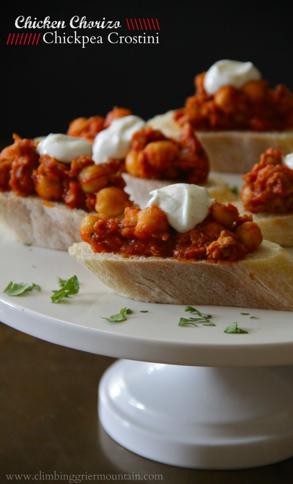 chicken chorizo and chickpea crostini with spiced greek yogurt www.climbinggriermountain.com