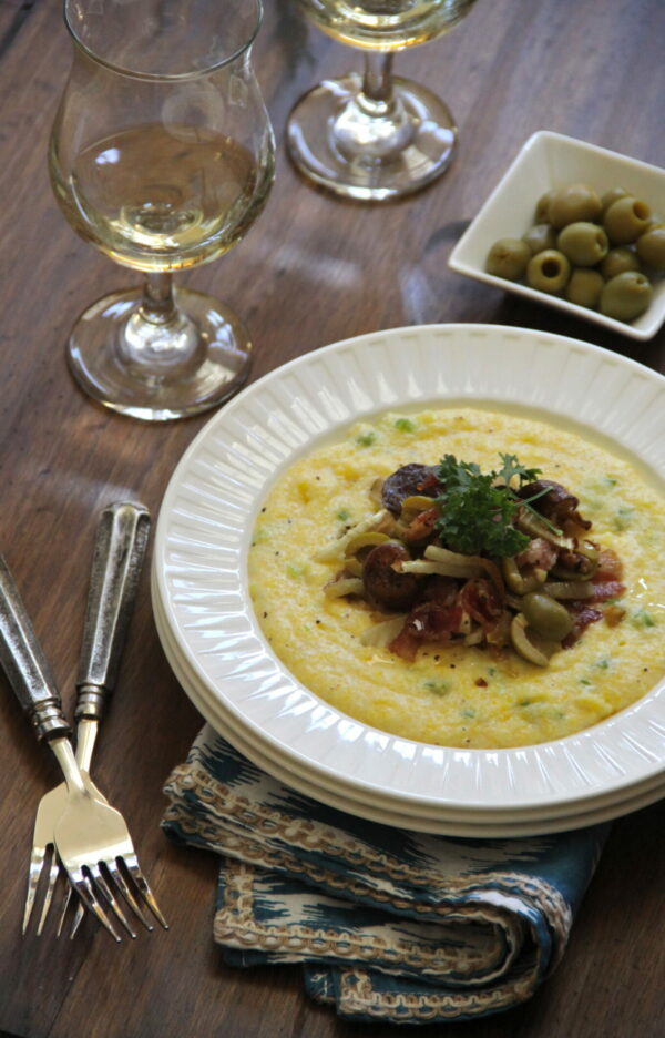 creamy polenta with caramelized fennel, bacon, and spanish olives www.climbinggriermountain.com