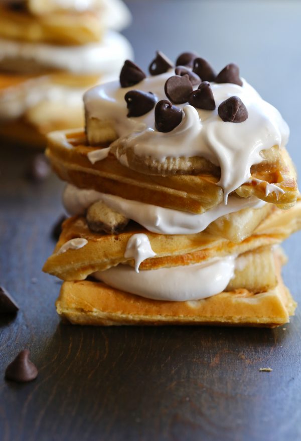 elvis waffle stacks with marshmallow frosting & caramelized bananas www.climbinggriermountain.com