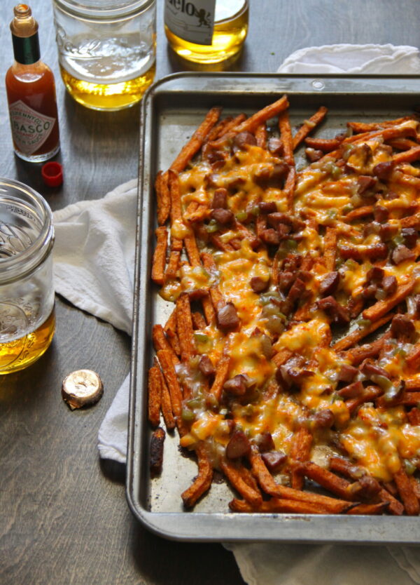 sweet potato fries with andouille gravy and pimento cheese www.climbinggriermountain.com