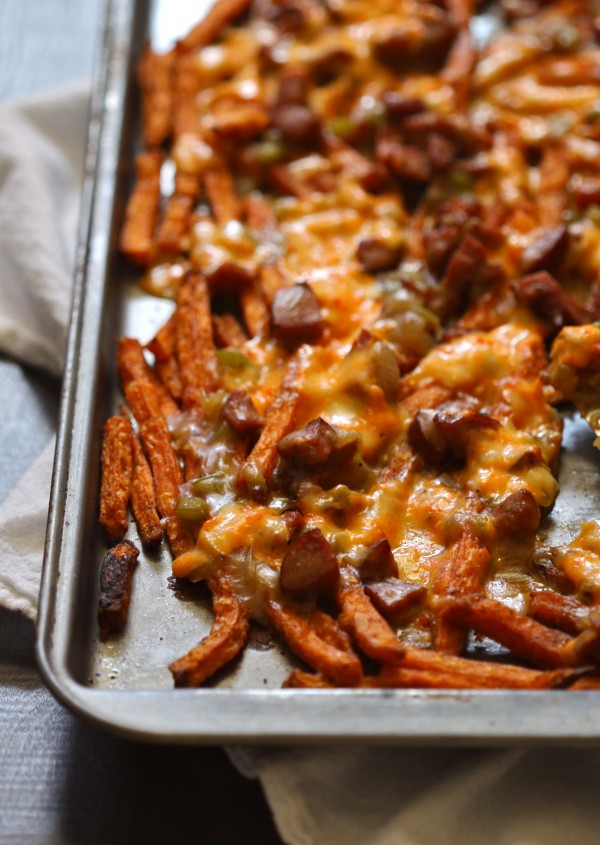 sweet potato fries with andouille gravy and pimento cheese www.climbinggriermountain.com