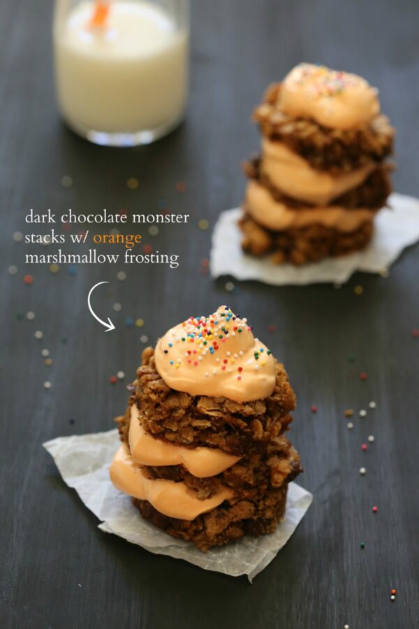 dark chocolate monster stacks with orange marshmallow frosting www.climbinggriermountain.com