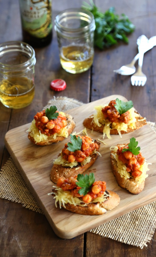 spiced spaghetti squash crostini with chorizo & chickpeas www.climbinggriermountain.com