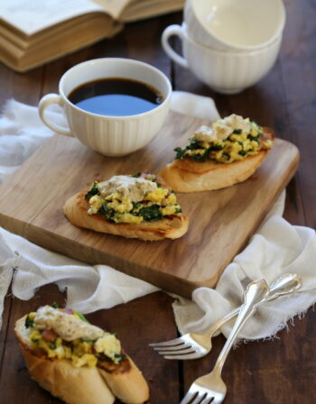 creamy scrambled-egg toasts with bacon & whole grain mustard cream sauce www.climbinggriermountain.com