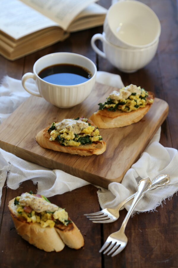 creamy scrambled-egg toasts with bacon & whole grain mustard cream sauce www.climbinggriermountain.com