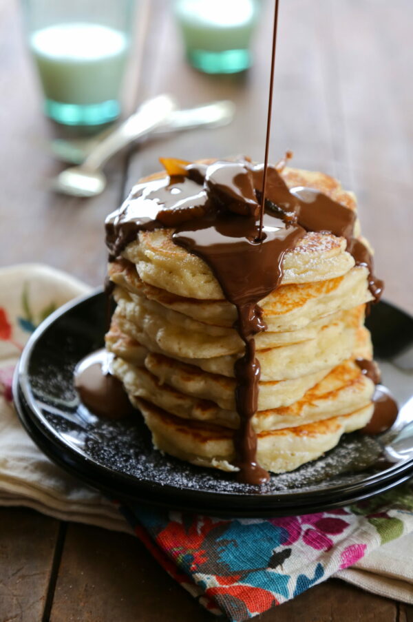 Easy Buttermilk Pancakes with Chocolate Truffle Syrup and Candied pears www.climbinggriermountain.com