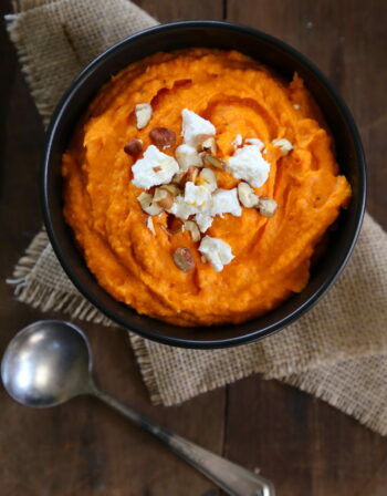 harissa sweet potatoes with goat cheese & candied pecans www.climbinggriermountain.com