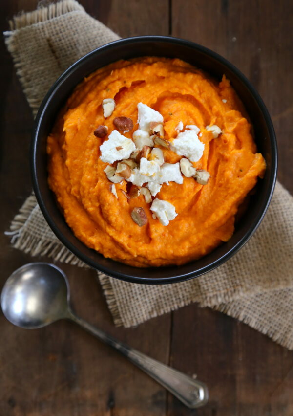 harissa sweet potatoes with goat cheese & candied pecans www.climbinggriermountain.com