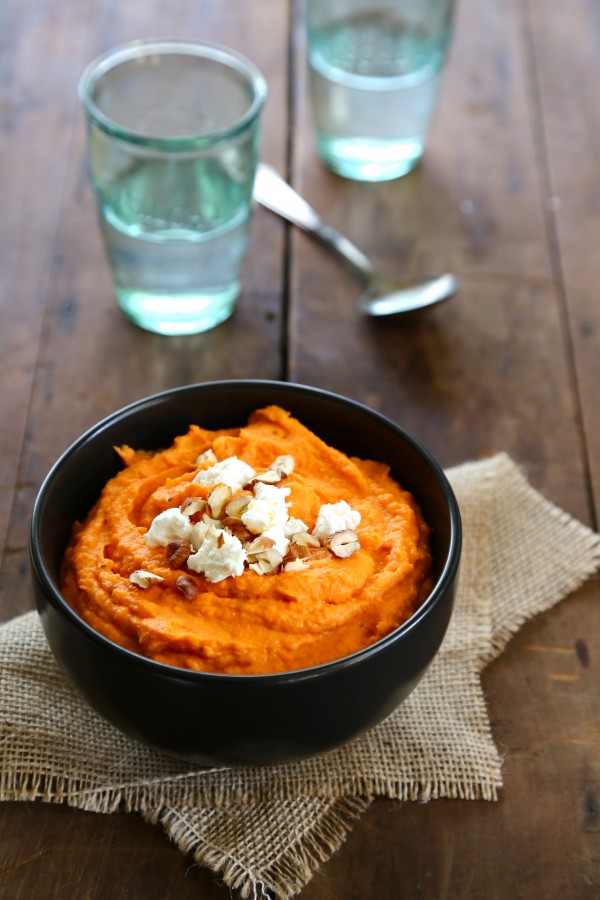 harissa sweet potatoes with goat cheese & candied pecans www.climbinggriermountain.com