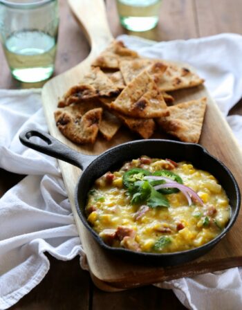 cajun corn poblano queso with naan chips www.climbinggriermountain.com