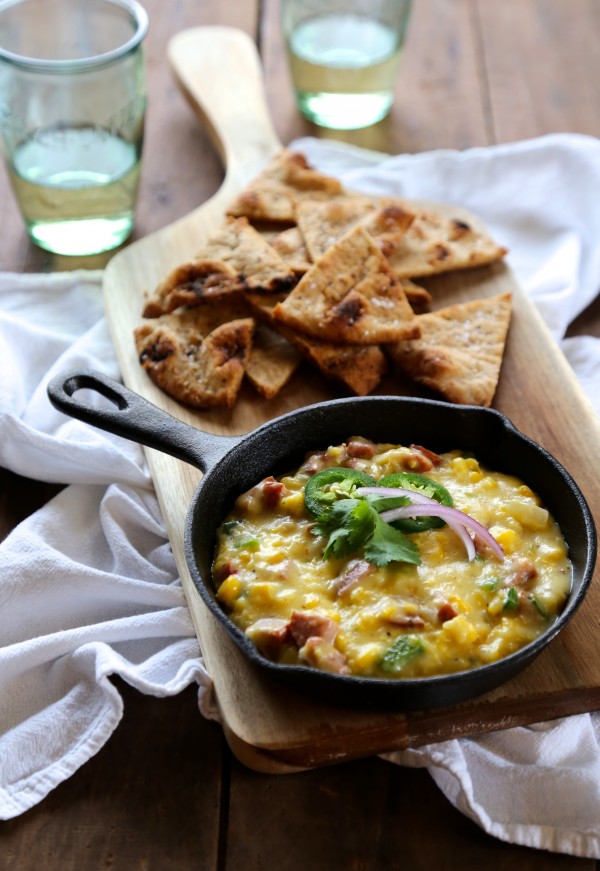 cajun corn poblano queso with naan chips www.climbinggriermountain.com