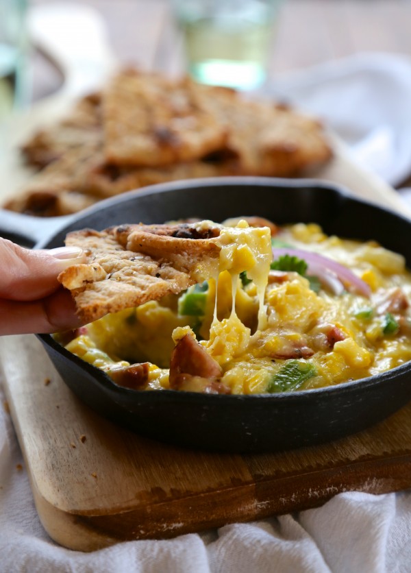 cajun corn poblano queso with naan chips www.climbinggriermountain.com