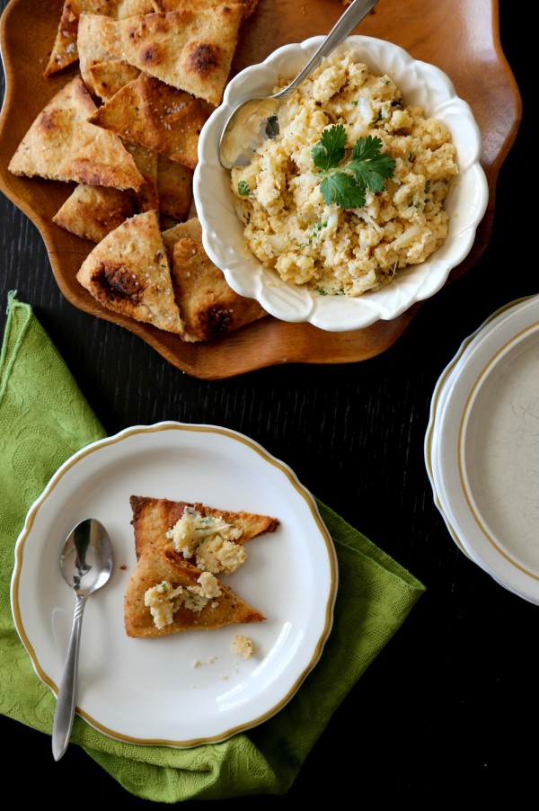 spiced cauliflower spread with naan chips www.climbinggriermountain.com