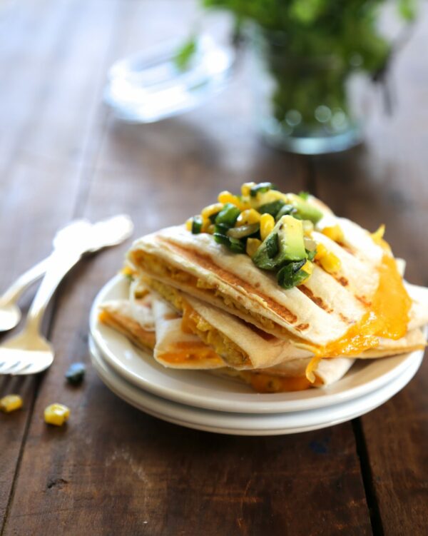 cheesy egg quesadilla with poblano corn relish www.climbinggriermountain.com