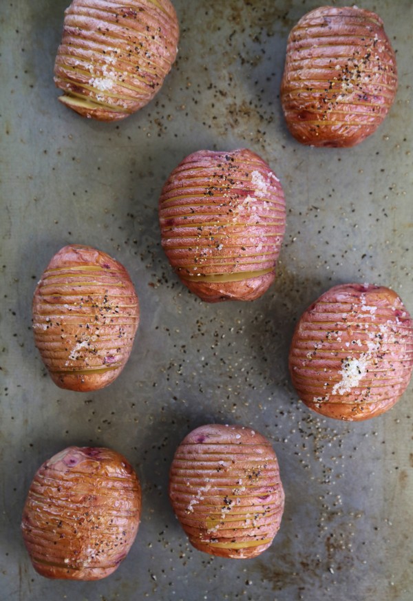 mini hasselback red potatoes with burrata & bacon