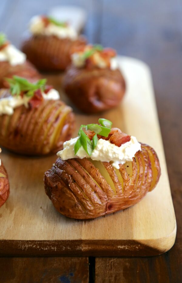 mini hasselback red potatoes with burrata & bacon www.climbinggriermountain.com