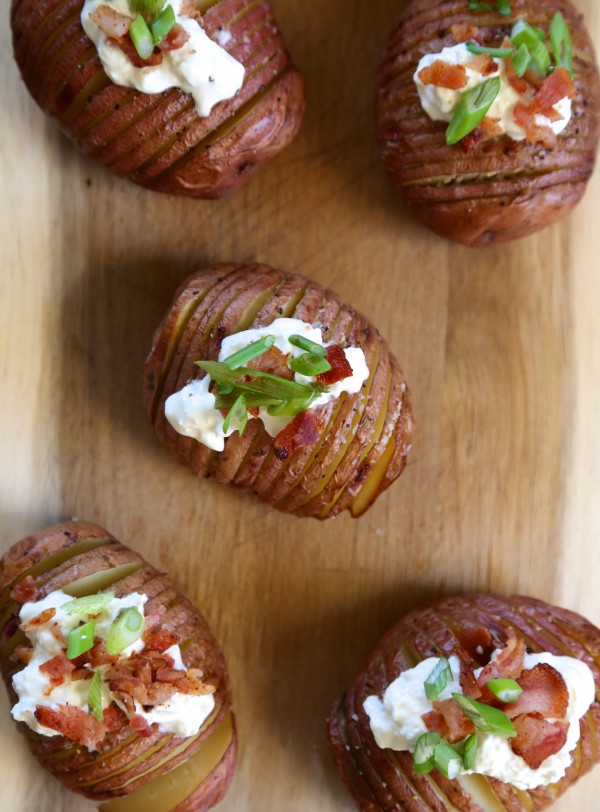 Mini Hasselback Red Potatoes with Burrata & Bacon