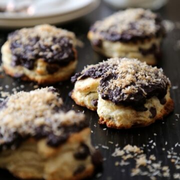 Dark Chocolate Heart Scones with Chocolate Ganache & Toasted Coconut