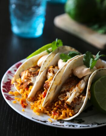 spiced barramuni tacos with spanish rice & chipotle cream www.climbinggriermountain.com