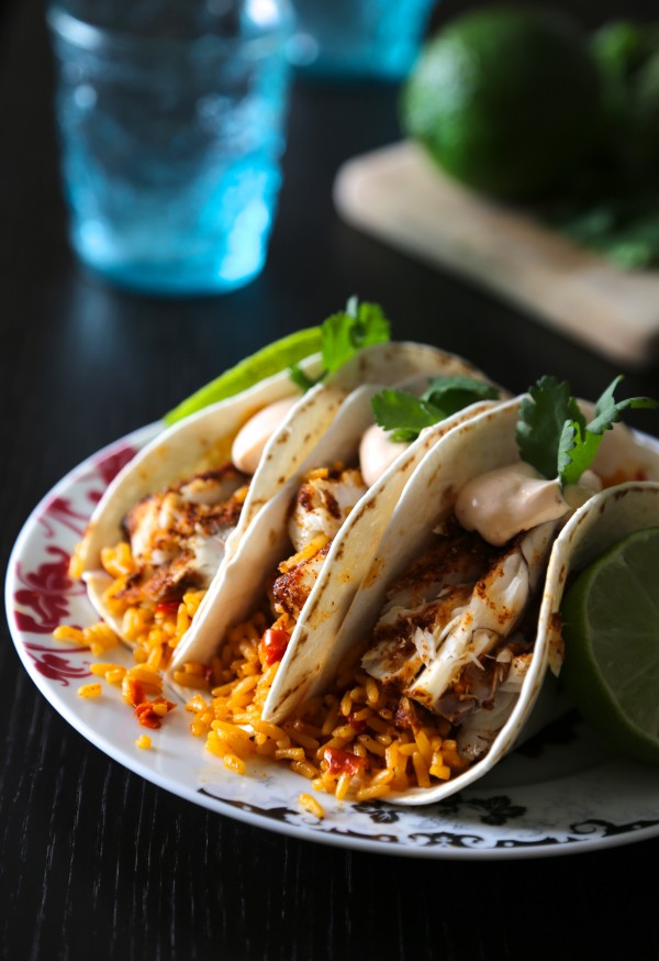 spiced barramuni tacos with spanish rice & chipotle cream www.climbinggriermountain.com