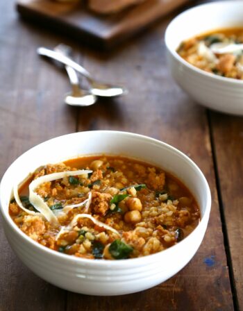 barley soup with turkey sausage, rainbow chard & parmesan cheese www.climbinggriermountain.com