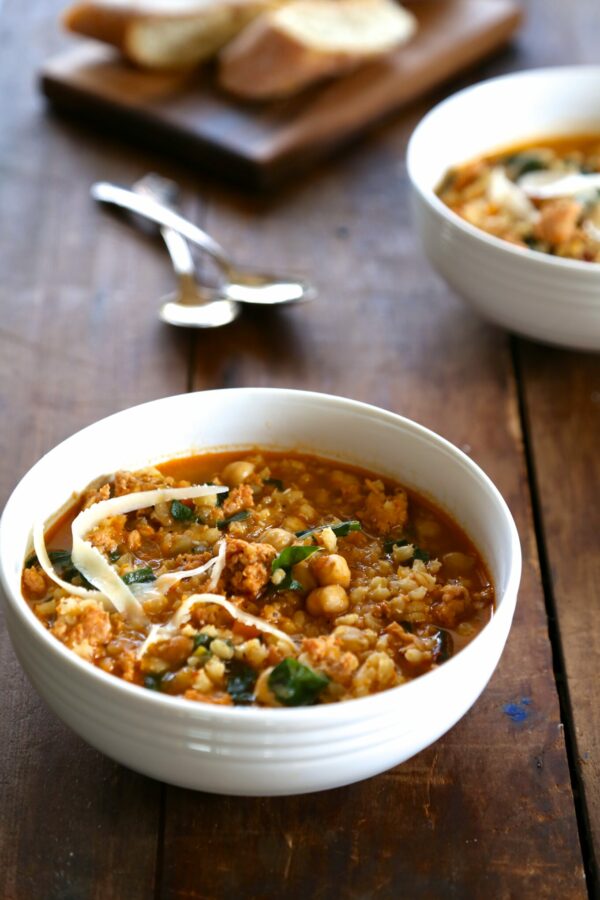 barley soup with turkey sausage, rainbow chard & parmesan cheese www.climbinggriermountain.com