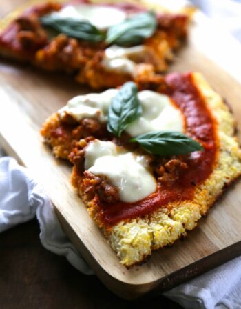 cauliflower pizza crust with chorizo & buffalo mozzarella www.climbinggriermountain.com