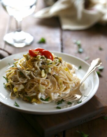 whole wheat spaghetti with roasted brussel sprouts & greek yogurt cream sauce www.climbinggriermountain.com