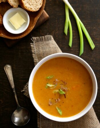 spicy coconut carrot soup with fried shallots www.climbinggriermountain.com