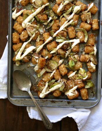 Roasted Brussel Sprout Totchos with Lemon Aioli www.climbinggriermountain.com