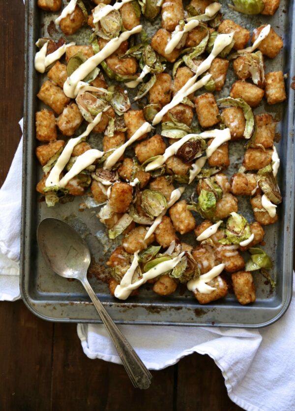 Roasted Brussel Sprout Totchos with Lemon Aioli www.climbinggriermountain.com