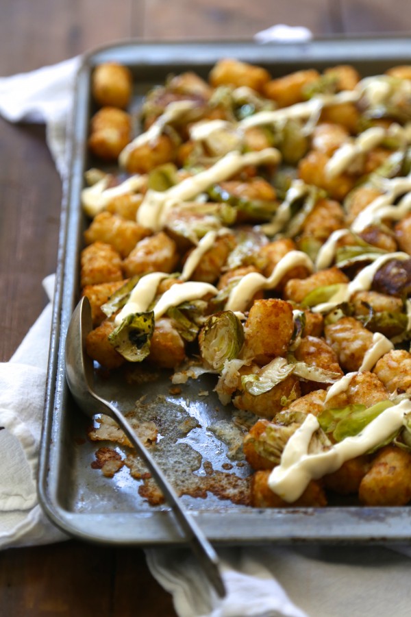 roasted brussel sprout totchos with lemon aioli