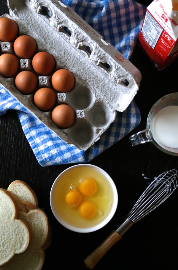 Eggs, milk, bread and whisk.