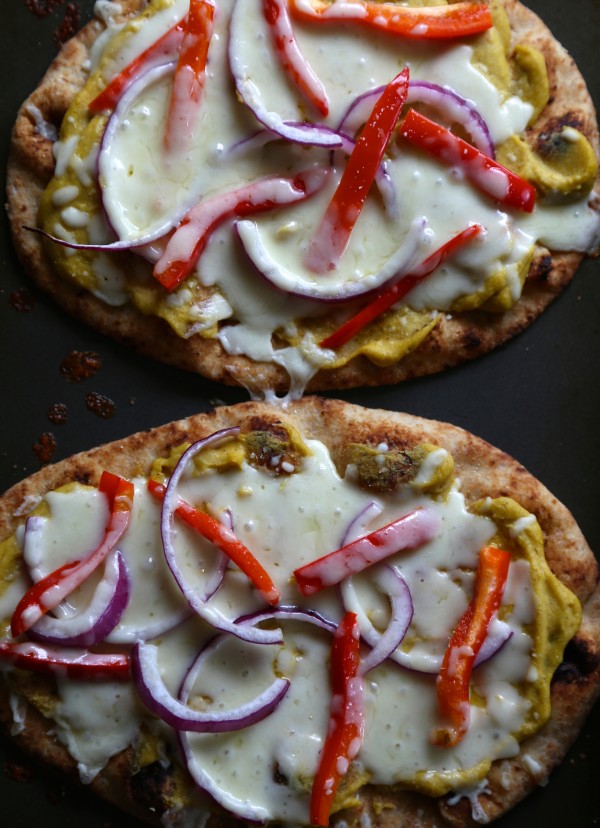 curry hummus naan pizza with coconut shrimp