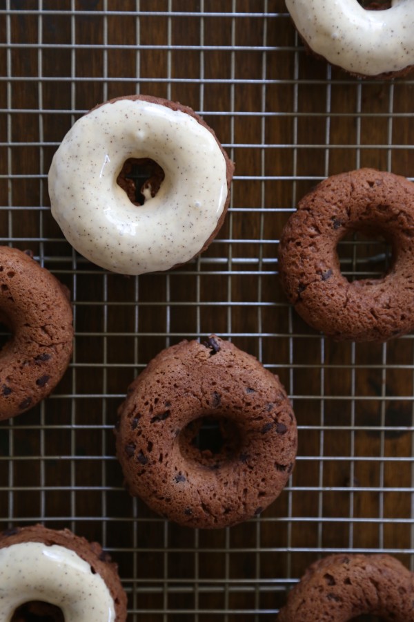 Dark Chocolate Chip Baked Doughnuts with Maple Espresso Glaze 