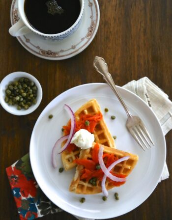 buttermilk waffles and lox with capers & creme fraiche www.climbinggriermountain.com