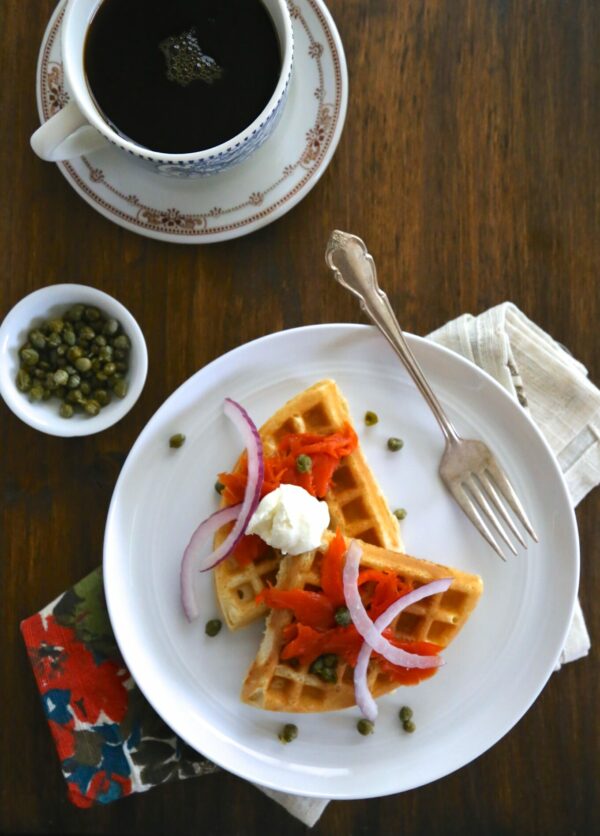 buttermilk waffles and lox with capers & creme fraiche www.climbinggriermountain.com