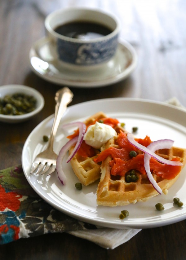 buttermilk waffles and lox with capers & creme fraiche www.climbinggriermountain.com