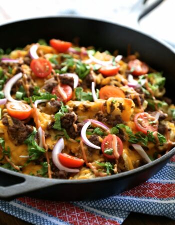 the ultimate kobe beef skillet nachos with kettle chips & fry sauce www.climbinggriermountain.com